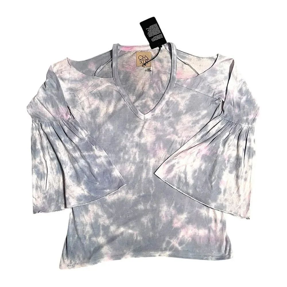 Chaser Oversized Blue Tie Dye Cold Shoulder Long Bell Sleeve Top Size M NWT